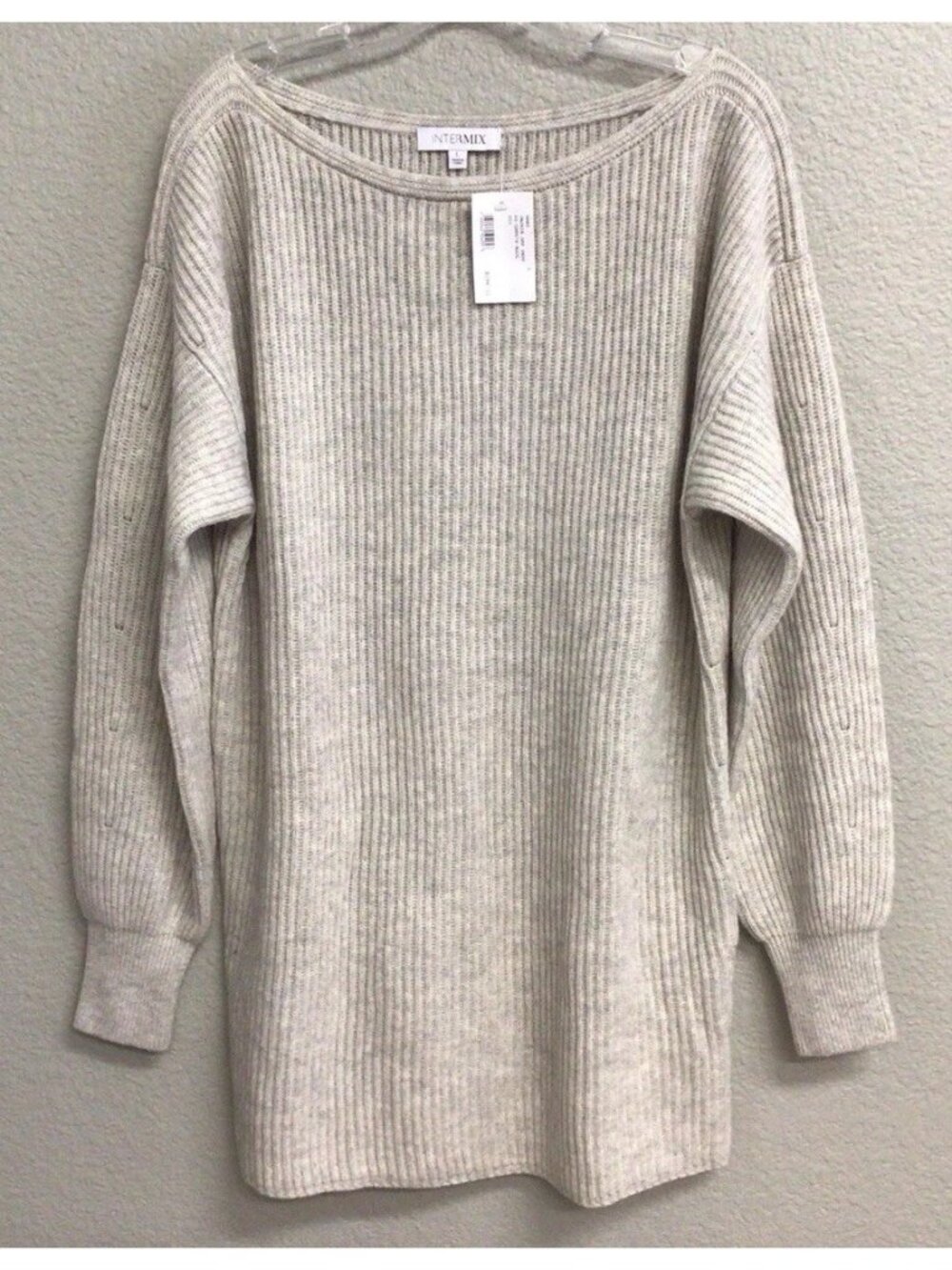 Intermix Wool Cashmere Ribbed Knit Scoop Pullover Sweater Gray $298 NWT Large